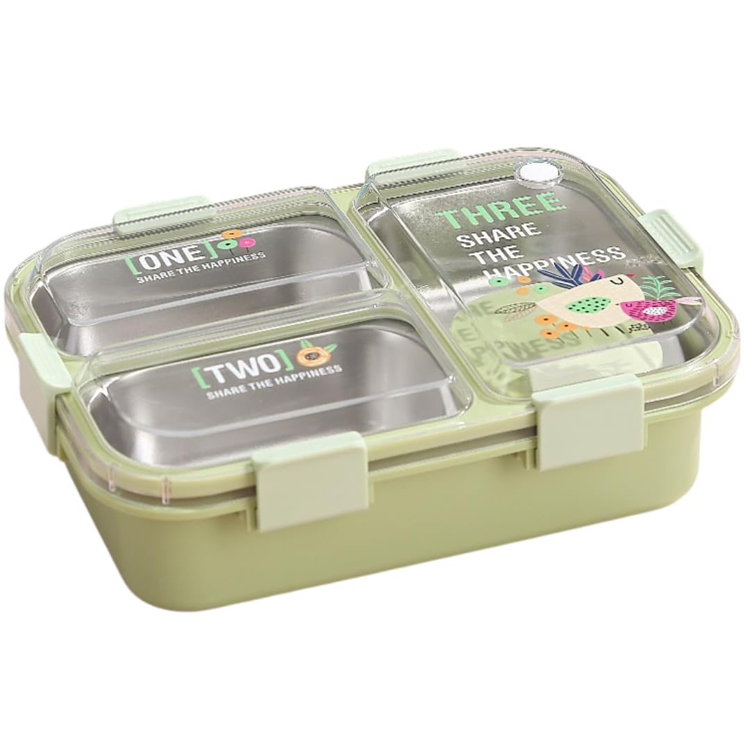 Bento Lunch Box with 3 Compartments For Kids (Blue/Green/Pink)