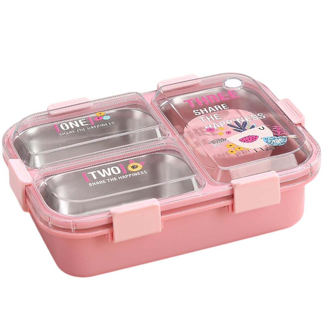 Bento Lunch Box with 3 Compartments For Kids (Blue/Green/Pink)