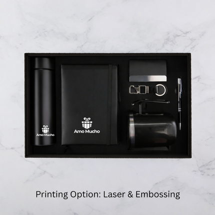 Elegant Black Gift Set with Notebook Flask Card Holder Mug Pen and Keychain (MOQ - 25)