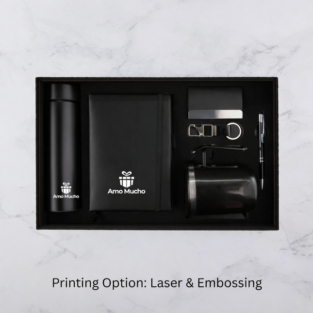 Elegant Black Gift Set with Notebook Flask Card Holder Mug Pen and Keychain (MOQ - 25)