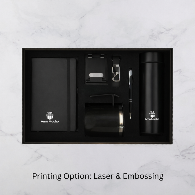 Premium Black Gift Set with Notebook Mug Mobile Stand Temperature Bottle and Accessories (MOQ - 25)