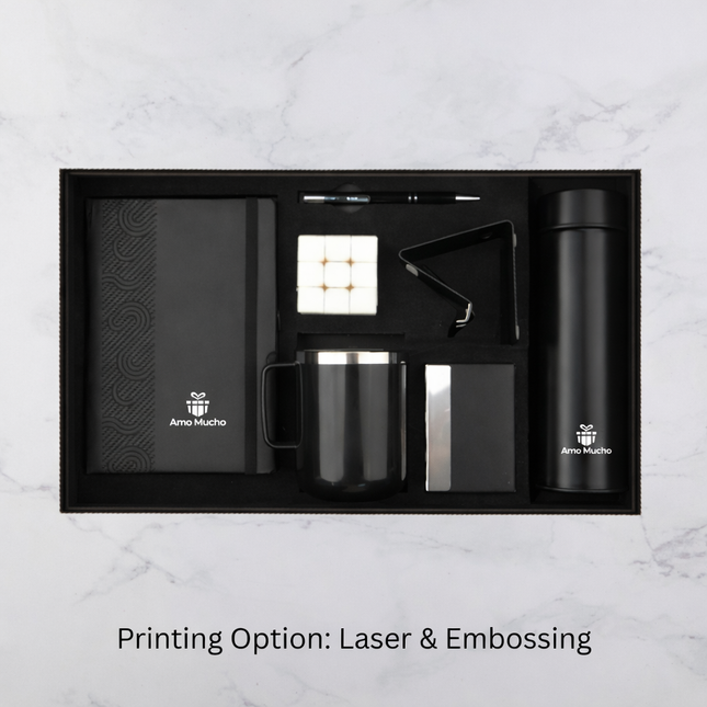 Black E Notebook Temperature Bottle Mug Mobile Stand Rubik Cube and Accessories Set (MOQ - 25)