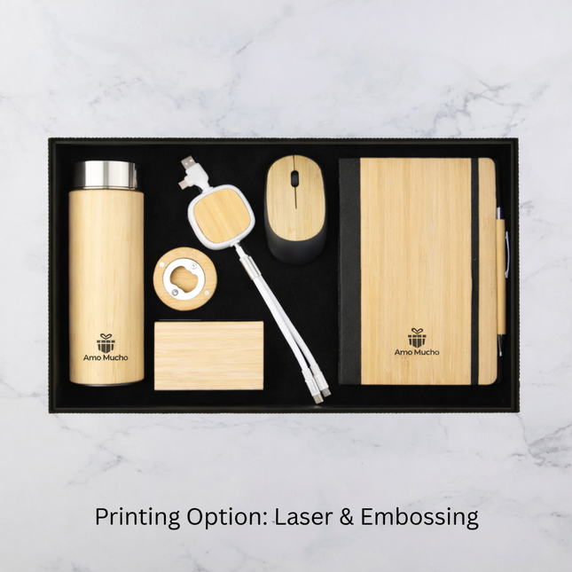 Premium Bamboo Notebook Flask Mouse Data Cable Bottle Opener and Accessories Set (MOQ - 25)