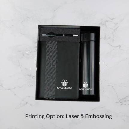 Premium Black E-Notebook Temperature Bottle and Ball Pen Gift Set (MOQ - 25)