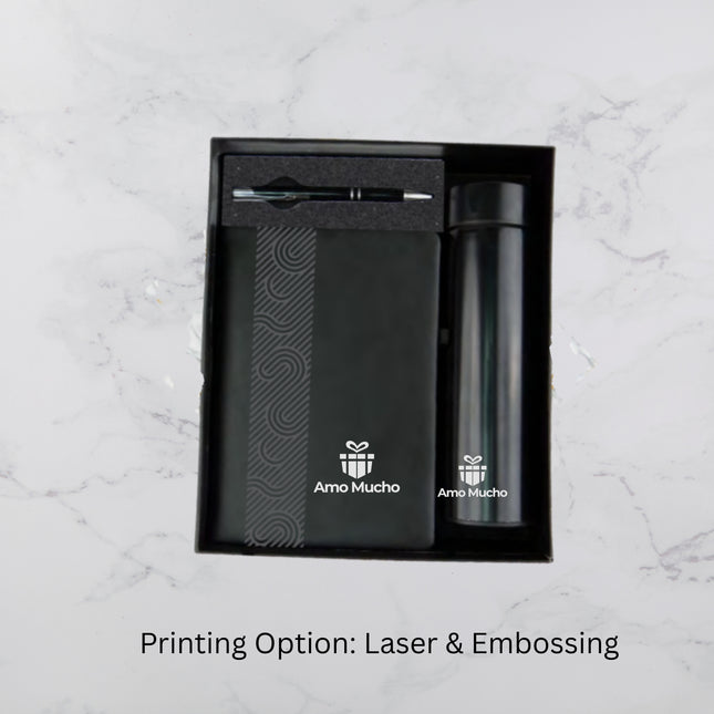 Premium Black E-Notebook Temperature Bottle and Ball Pen Gift Set (MOQ - 25)