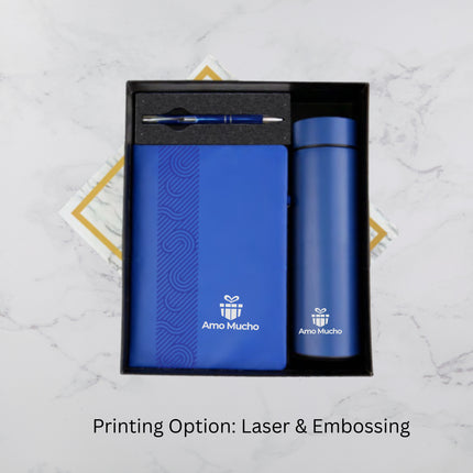 Royal Blue E-Notebook Temperature Bottle and Ball Pen Gift Set (MOQ - 25)