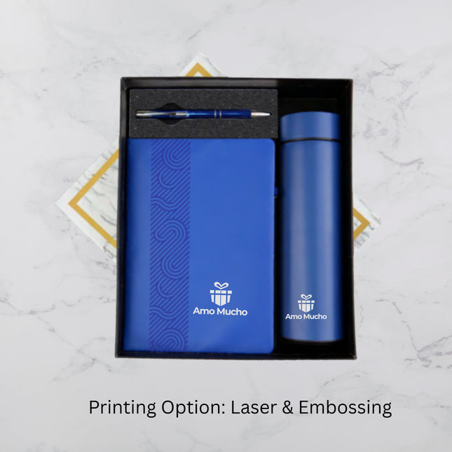 Royal Blue E-Notebook Temperature Bottle and Ball Pen Gift Set (MOQ - 25)