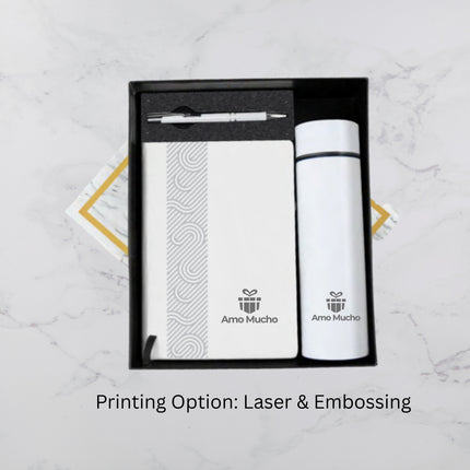 Classic White E-Notebook Temperature Bottle and Ball Pen Gift Set (MOQ - 25)