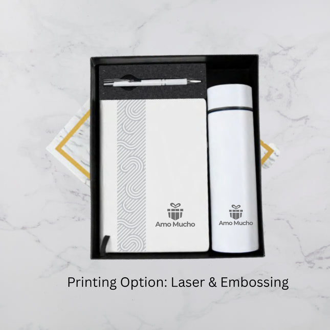 Classic White E-Notebook Temperature Bottle and Ball Pen Gift Set (MOQ - 25)