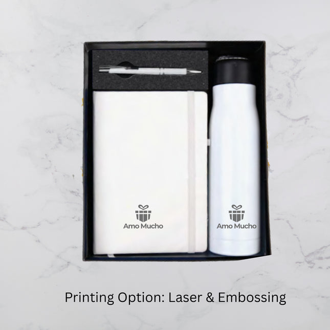 Professional White Notebook Insulated Bottle and Ball Pen Gift Set (MOQ - 25)