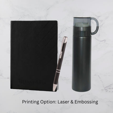 Black Slanting Design Notebook Flask and Ball Pen Gift Set (MOQ - 25)