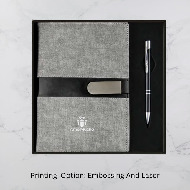 Grey with Black Stripe PU Cover Diary & Ball Pen Set (MOQ - 25)