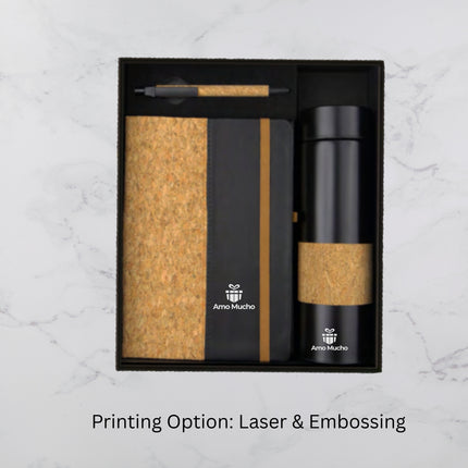 Cork Design Notebook Temperature Bottle and Ball Pen Gift Set (MOQ - 25)