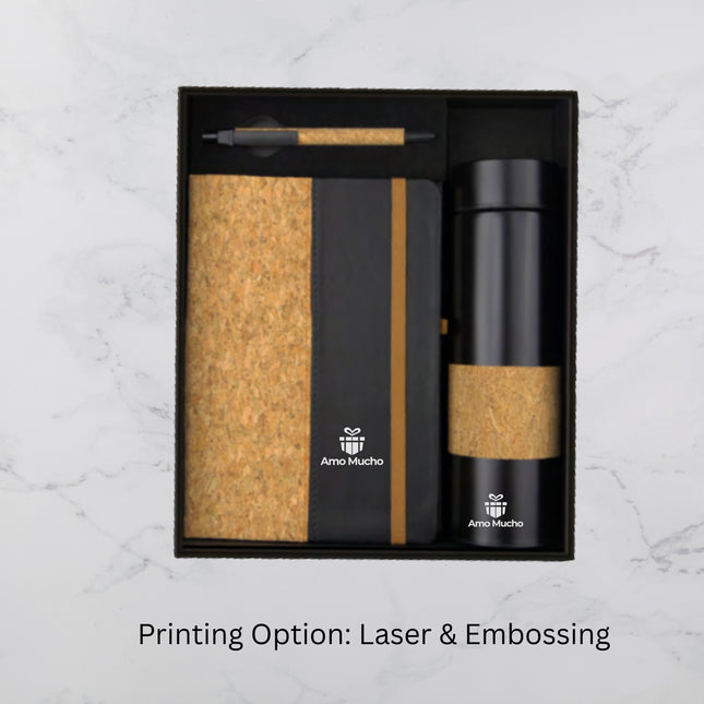 Cork Design Notebook Temperature Bottle and Ball Pen Gift Set (MOQ - 25)