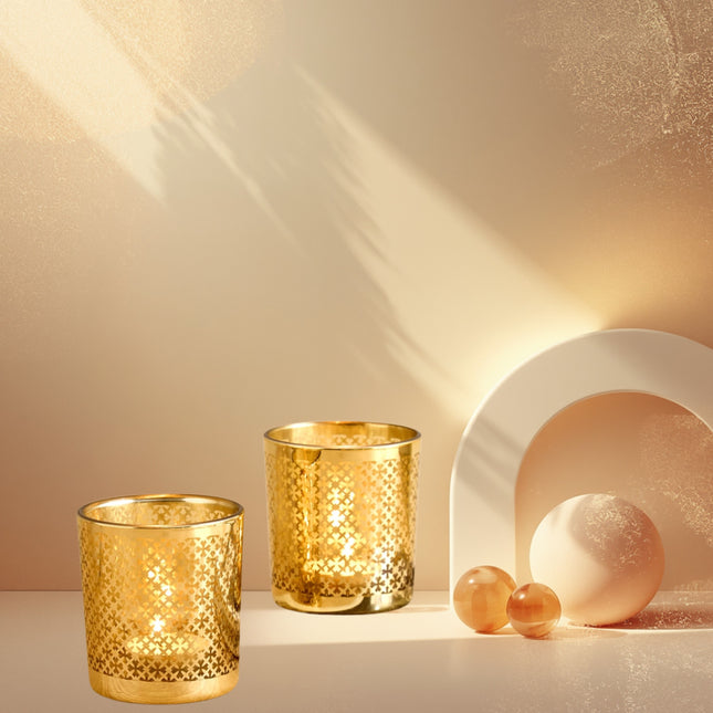 Set of 2 Cut Out Metal Glass Candle Holder