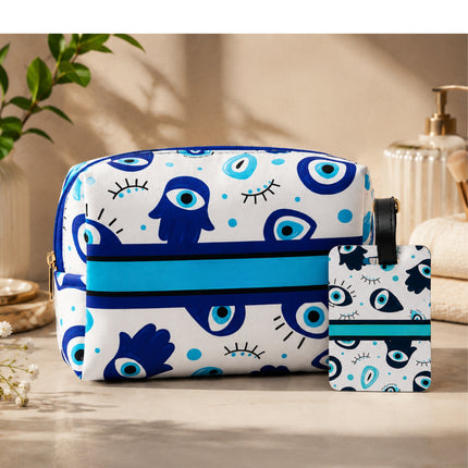 Evil Eye Makeup Pouch & Luggage Tag Set | Custom Travel Organizer Combo