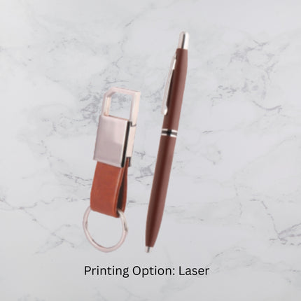 Stylish Tan Ball Pen and Keychain Gift Set (MOQ - 25)
