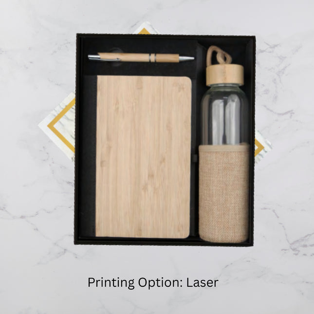 Plain Bamboo Design Notebook Glass Bottle and Ball Pen Gift Set (MOQ - 25)