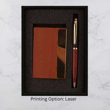 Simple Brown Card Holder and Ball Pen Gift Set (MOQ - 25)
