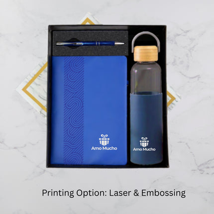 Stylish Blue Notebook Glass Bottle and Ball Pen Gift Set (MOQ - 25)
