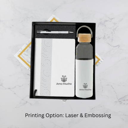 Premium White Notebook Glass Bottle and Ball Pen Gift Set (MOQ - 25)