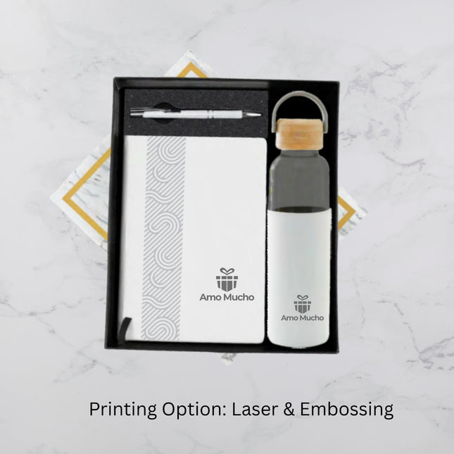 Premium White Notebook Glass Bottle and Ball Pen Gift Set (MOQ - 25)