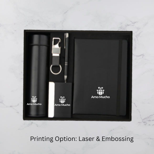 Black Notebook Flask Card Holder Pen and Keychain Gift Set (MOQ - 25)