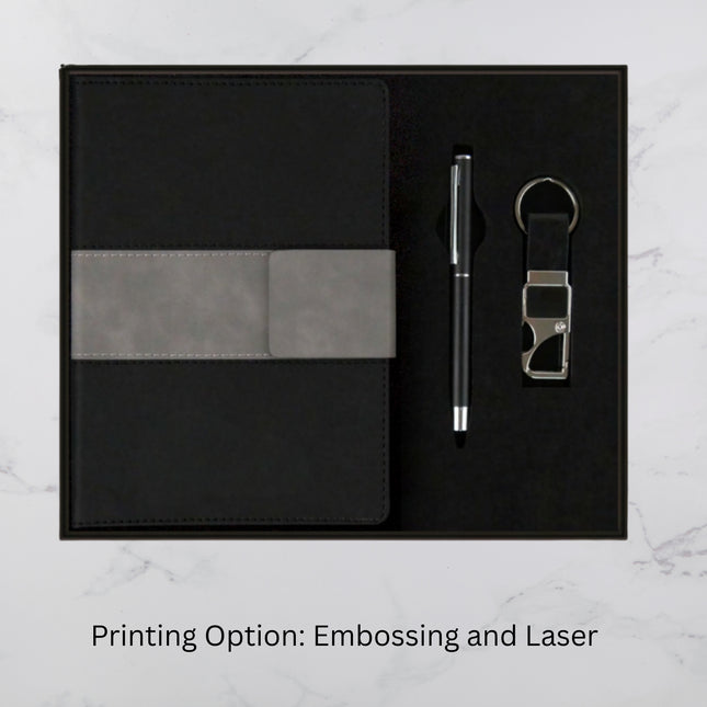 Black And Grey Flap Cover Diary Keychain & Ball Pen Set (MOQ - 25)