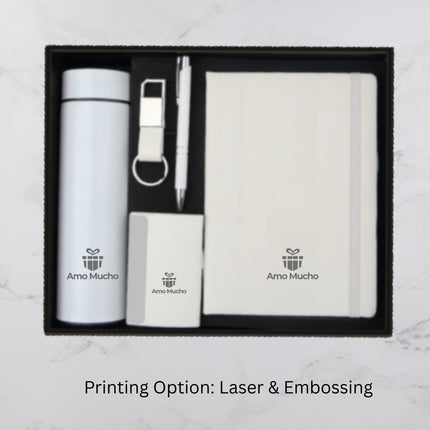 White Notebook Flask Card Holder Pen and Keychain Gift Set (MOQ - 25)