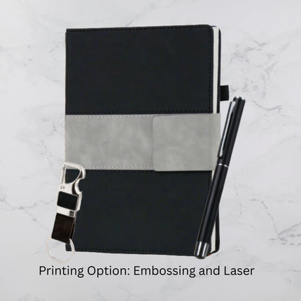 Black And Grey Flap Cover Diary Keychain & Ball Pen Set (MOQ - 25)