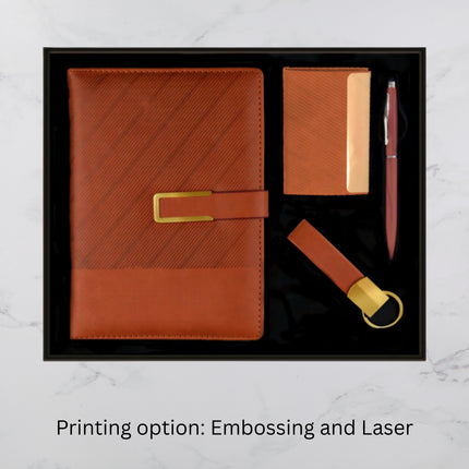Brown Slanting Ribs Diary Keychain Card Holder & Ball Pen Set (MOQ - 25)