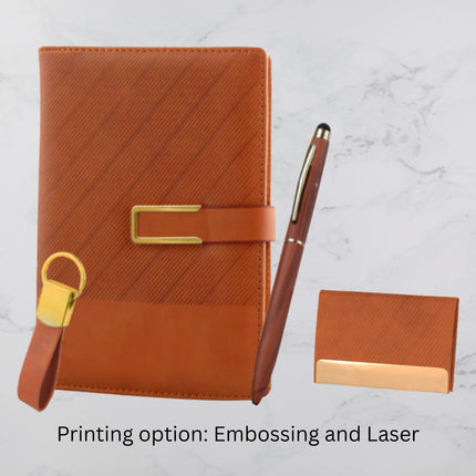 Brown Slanting Ribs Diary Keychain Card Holder & Ball Pen Set (MOQ - 25)