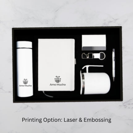 Premium White Gift Set with Notebook Flask Card Holder Mug Pen and Keychain (MOQ - 25)