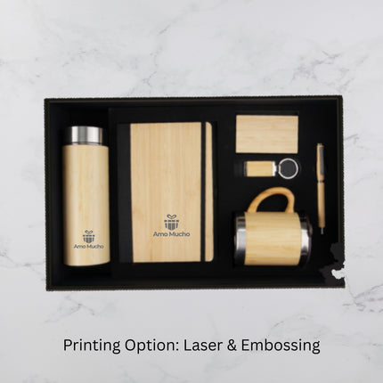 Executive Bamboo Design Gift Set with Temperature Bottle Notebook and Accessories (MOQ - 25)