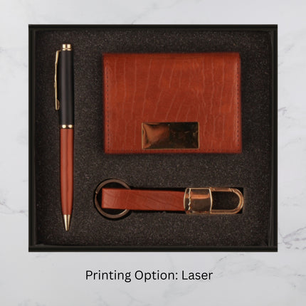Premium Brown Leather Executive Gift Set with Pen Card Holder and Keychain (MOQ - 25)