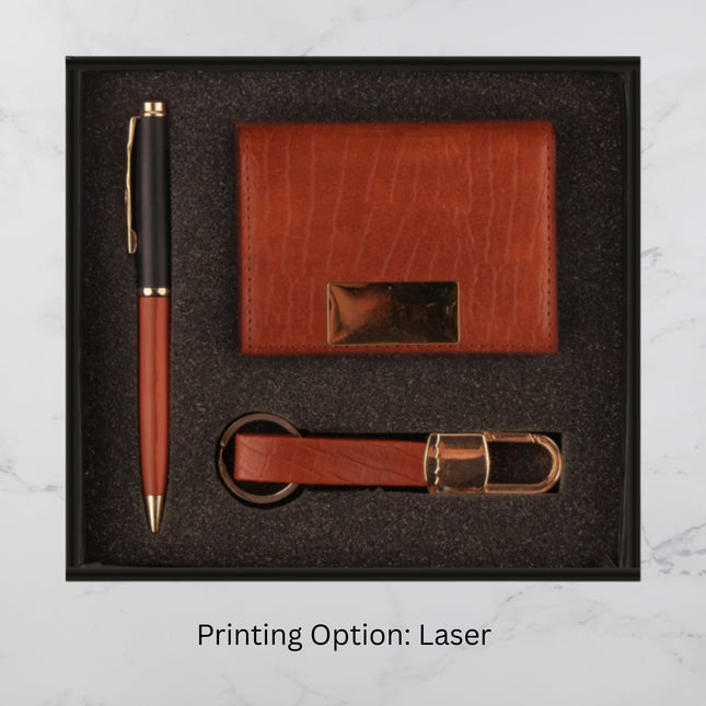 Premium Brown Leather Executive Gift Set with Pen Card Holder and Keychain (MOQ - 25)