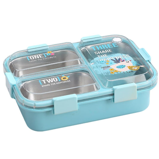 Bento Lunch Box with 3 Compartments For Kids (Blue/Green/Pink)