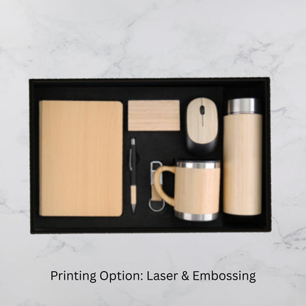 Classic Bamboo Design Gift Set with Notebook Insulated Bottle Mug Mouse and Accessories (MOQ - 25)