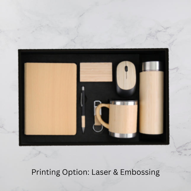 Classic Bamboo Design Gift Set with Notebook Insulated Bottle Mug Mouse and Accessories (MOQ - 25)