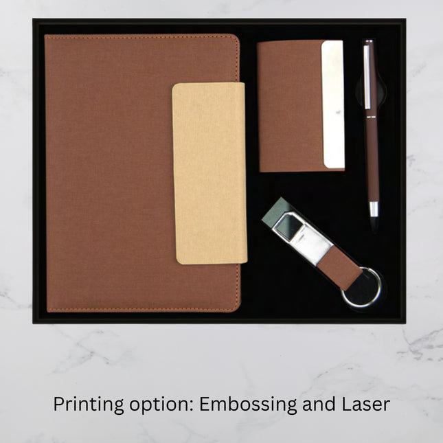 Brown With Beige Flap Cover Diary Keychain Card Holder & Ball Pen Set (MOQ - 25)