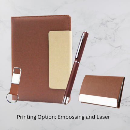 Brown With Beige Flap Cover Diary Keychain Card Holder & Ball Pen Set (MOQ - 25)