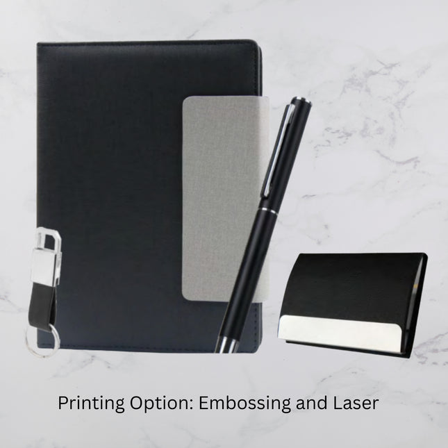 Black With Grey Flap Cover Diary Keychain Card Holder & Ball Pen Set (MOQ - 25)