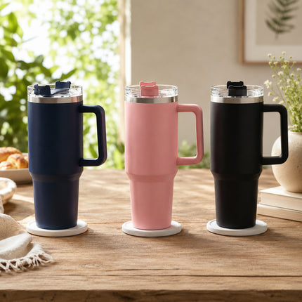 Insulated Travel Mug with Handle & Straw Lid – Stainless Steel Tumbler for Hot & Cold Beverages