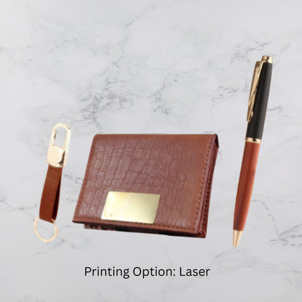Premium Brown Leather Executive Gift Set with Pen Card Holder and Keychain (MOQ - 25)