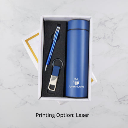 Premium Blue Insulated Bottle Ball Pen and Keychain Gift Set (MOQ - 25)