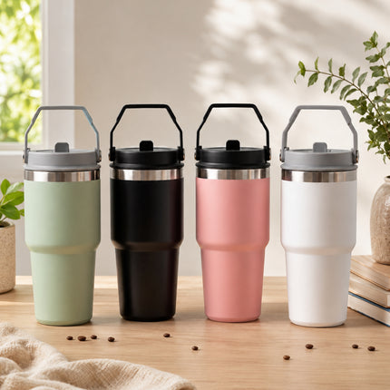 Insulated Travel Tumbler with Handle Lid – Stainless Steel Hot & Cold Beverage Mug