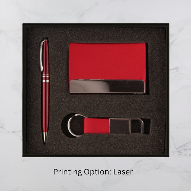 Elegant Red Gift Set With Pen Card Holder and Keychain (MOQ - 25)
