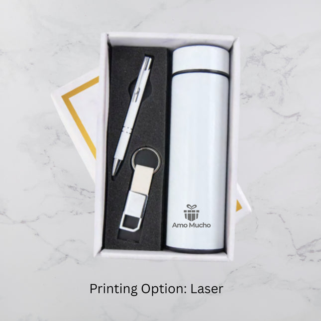 Elegant White Insulated Bottle Ball Pen and Keychain Gift Set (MOQ - 25)