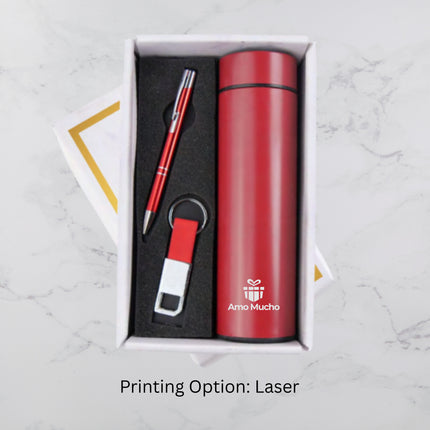 Stylish Red Insulated Bottle Ball Pen and Keychain Gift Set (MOQ - 25)