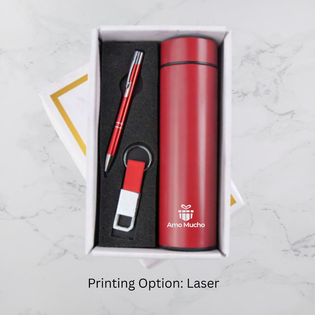 Stylish Red Insulated Bottle Ball Pen and Keychain Gift Set (MOQ - 25)